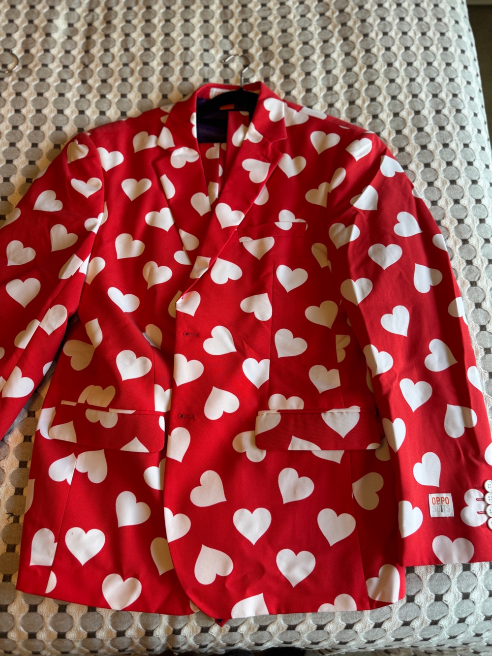 OppoSuits Red Blazer, Pants, and Tie with White Heart Print